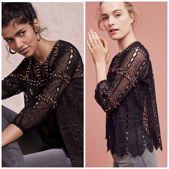 Anthro Maeve Black Crochet Lace Bronze Stud Embellished Blouse - Picture 3 of 7